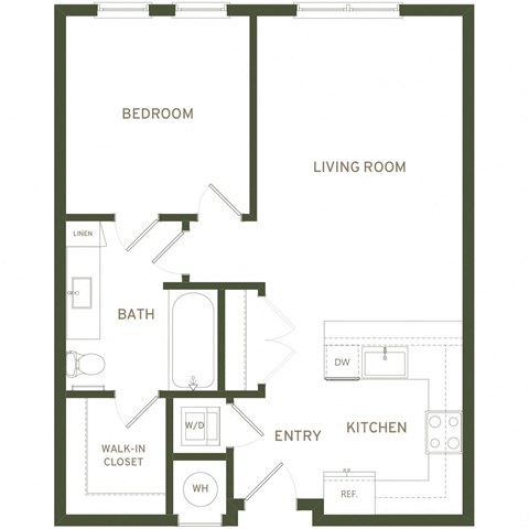 Floor plan for 1 bed, 1 bath, 725 sqft